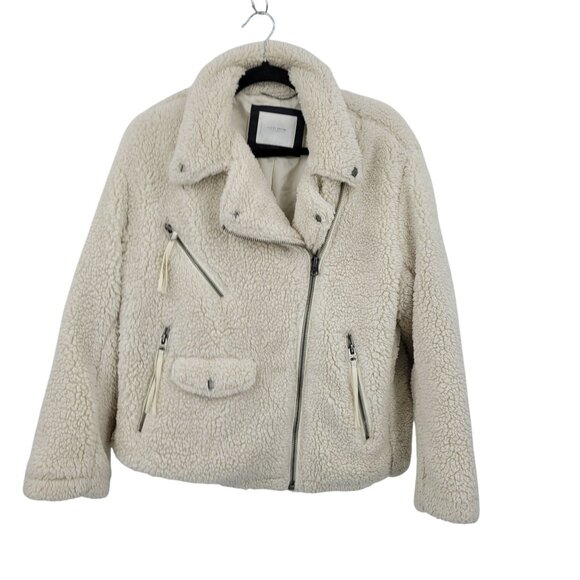 Lucky Brand Ivory Vegan Faux Shearling Sherpa Moto Jacket Womens Sz L Teddy Bear - Picture 12 of 12